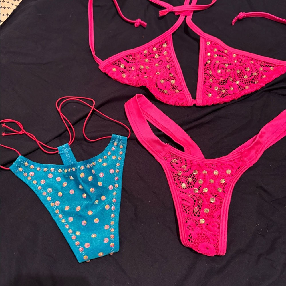 Pink and Blue Embellished Thong Bikini with extra Swarovski Crystal Thong